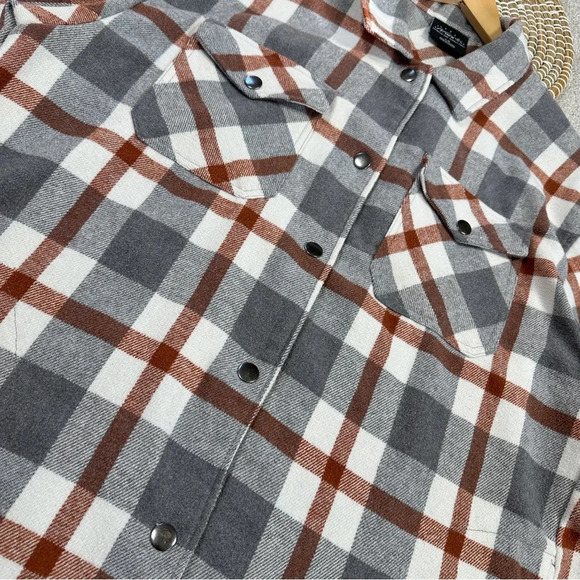 HFX Wool Blend Flannel Plaid Shacket Jacket Western Relaxed Fit Gray/Brown L - Picture 13 of 16